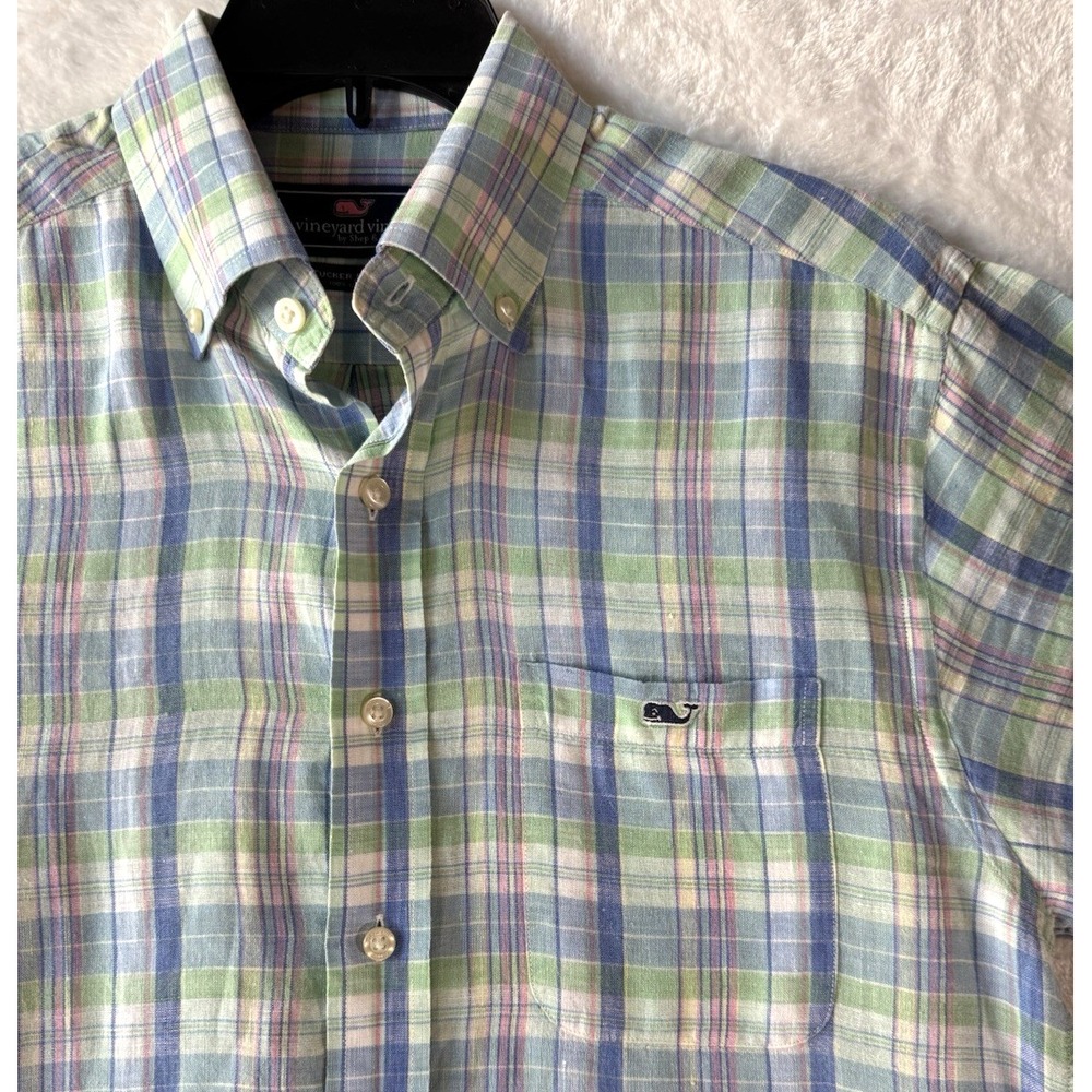 Vineyard Vines Linen Shirt Mens Small Pink Plaid Classic Fit Tucker Preppy